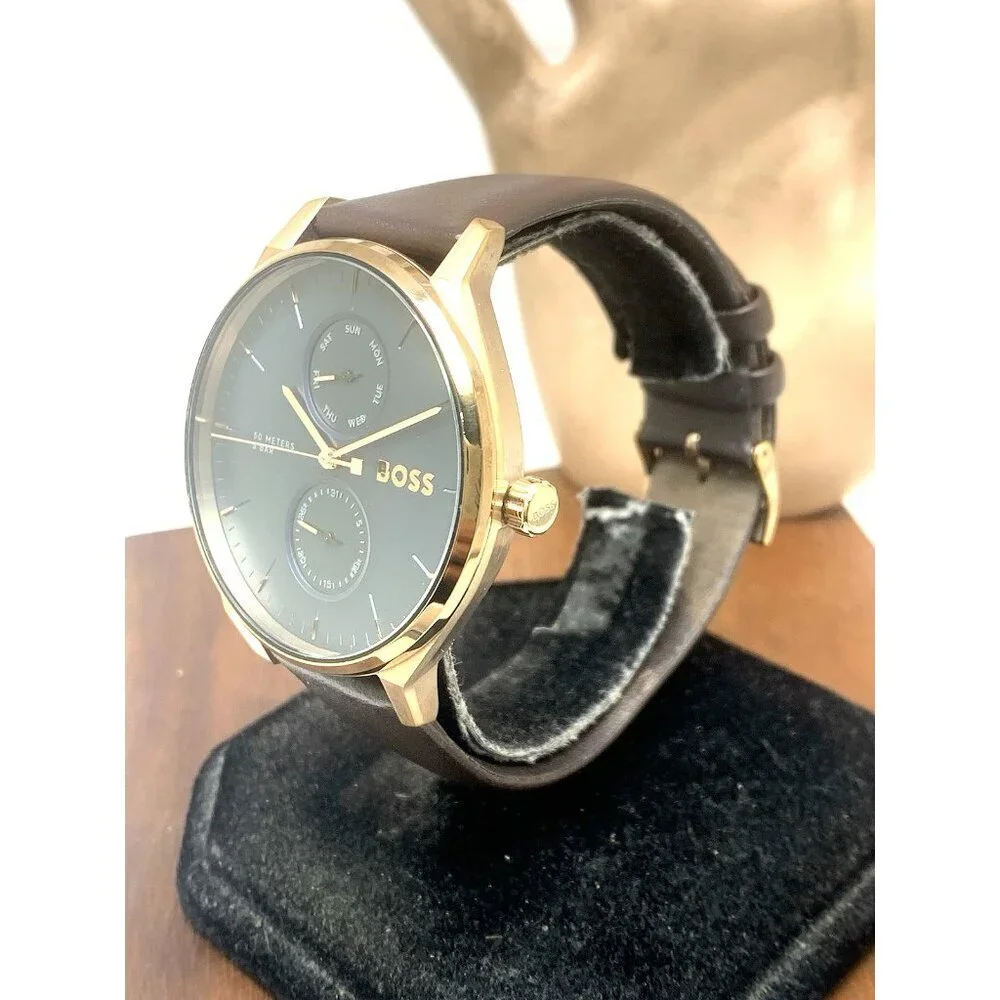 Hugo Boss Mens Watch 1514103 Tyler Quartz Rose Gold Blue Dial Brown Leather 43mm